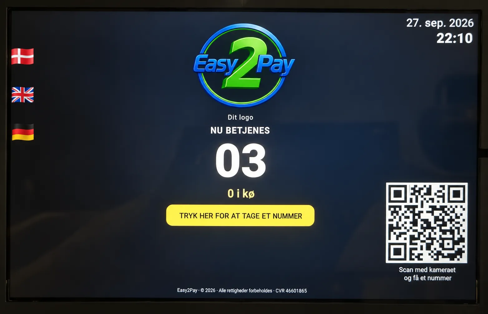 Easy2Pay kundeskærm med nummerudtagning og QR-kode